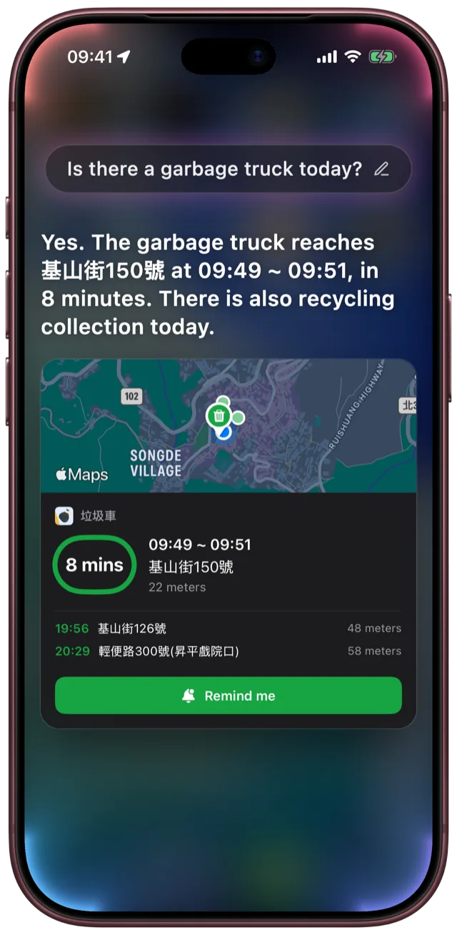 Siri answering whether a truck comes today, with a map
