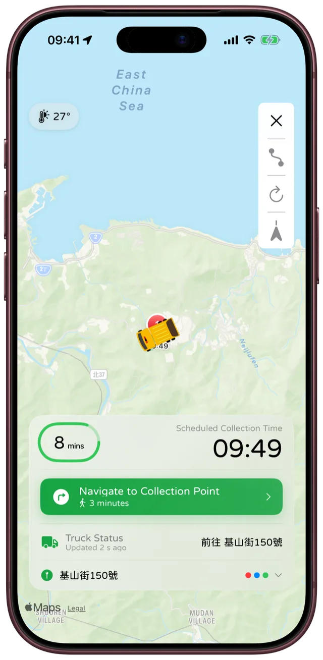 A garbage truck's live position and arrival estimate on the map